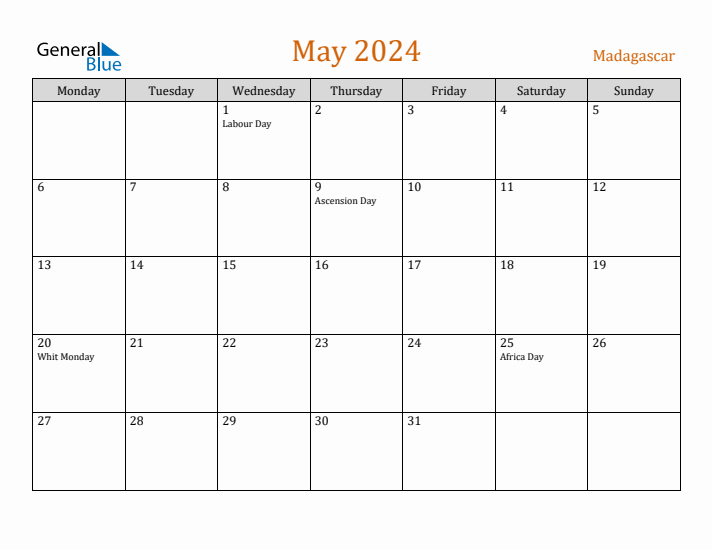 May 2024 Holiday Calendar with Monday Start