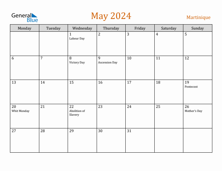 May 2024 Holiday Calendar with Monday Start