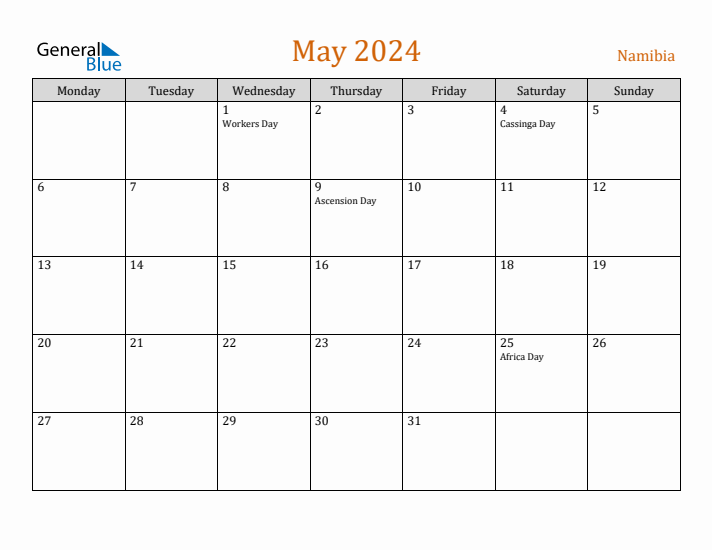 May 2024 Holiday Calendar with Monday Start