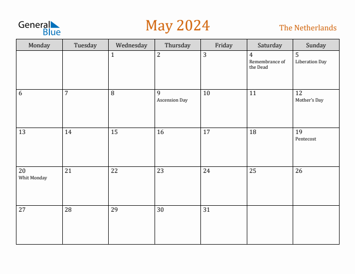 May 2024 Holiday Calendar with Monday Start