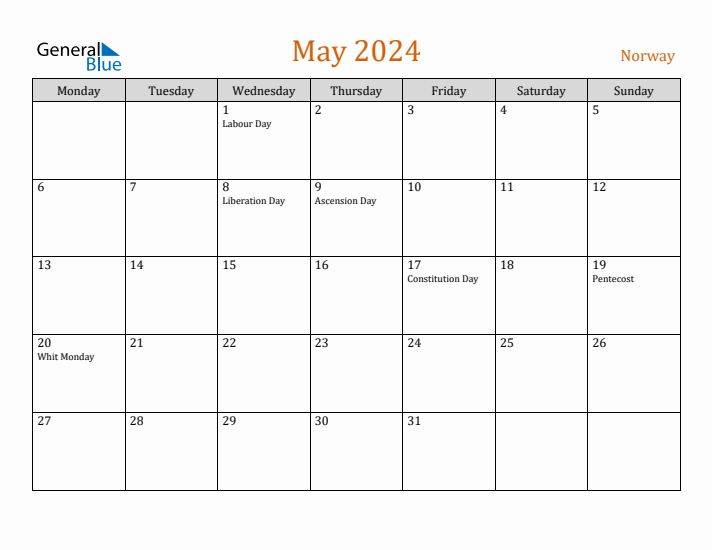 May 2024 Holiday Calendar with Monday Start