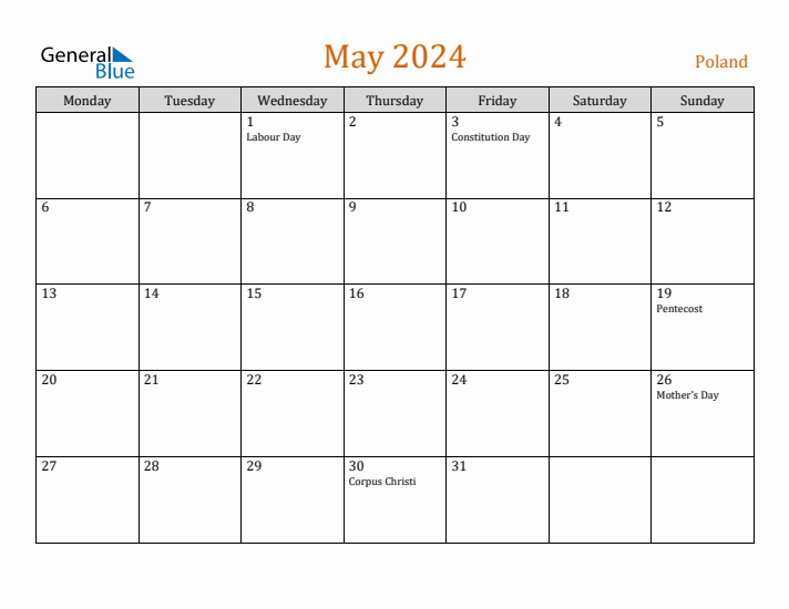 May 2024 Holiday Calendar with Monday Start