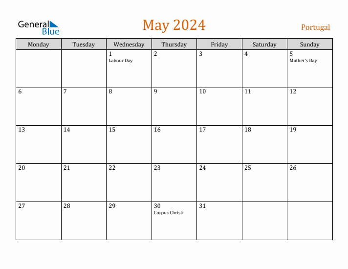 May 2024 Holiday Calendar with Monday Start