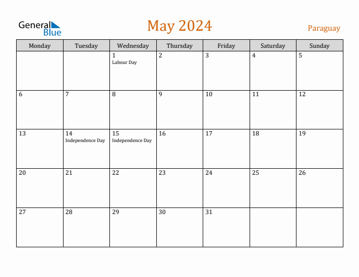 May 2024 Holiday Calendar with Monday Start