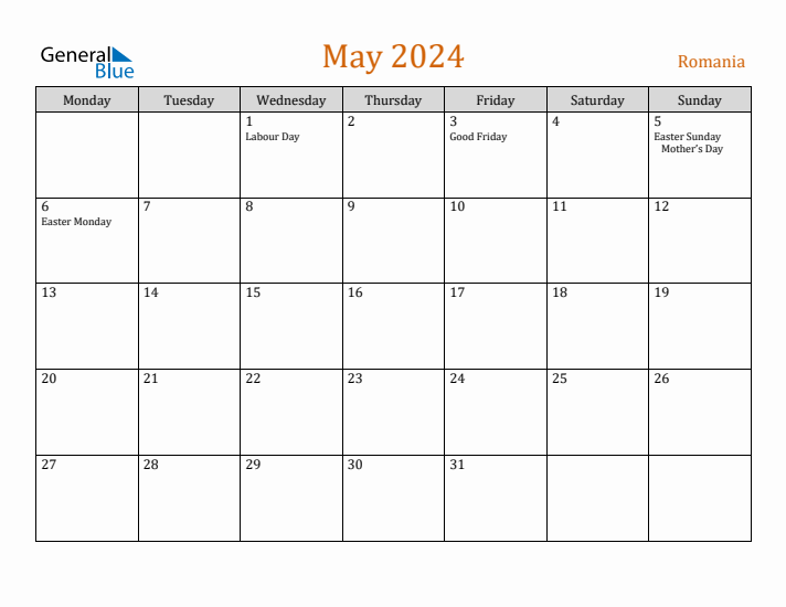 May 2024 Holiday Calendar with Monday Start