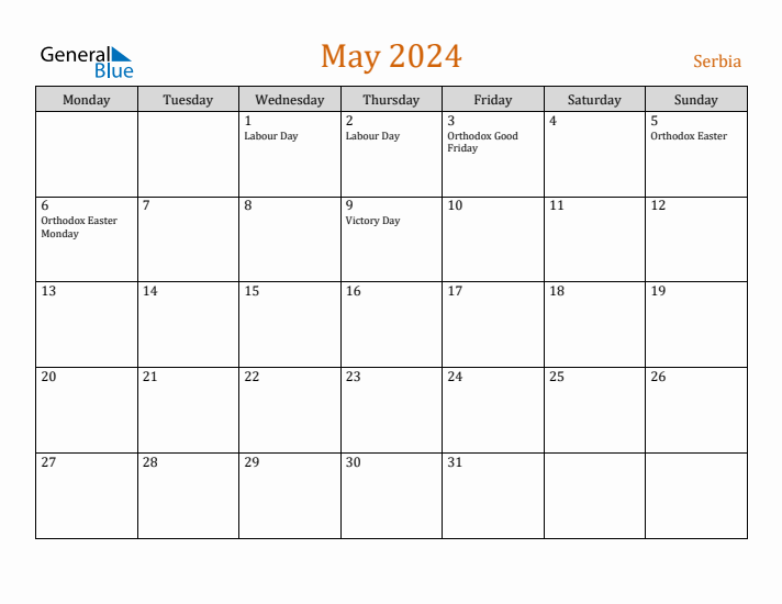 May 2024 Holiday Calendar with Monday Start