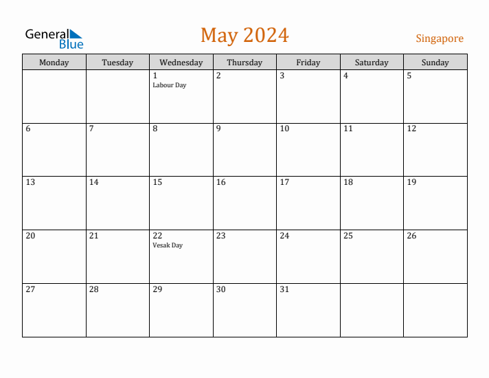 May 2024 Holiday Calendar with Monday Start