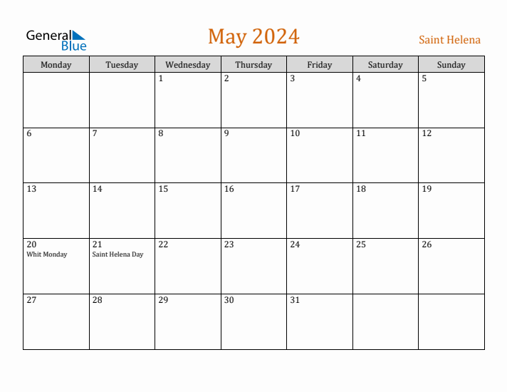 May 2024 Holiday Calendar with Monday Start