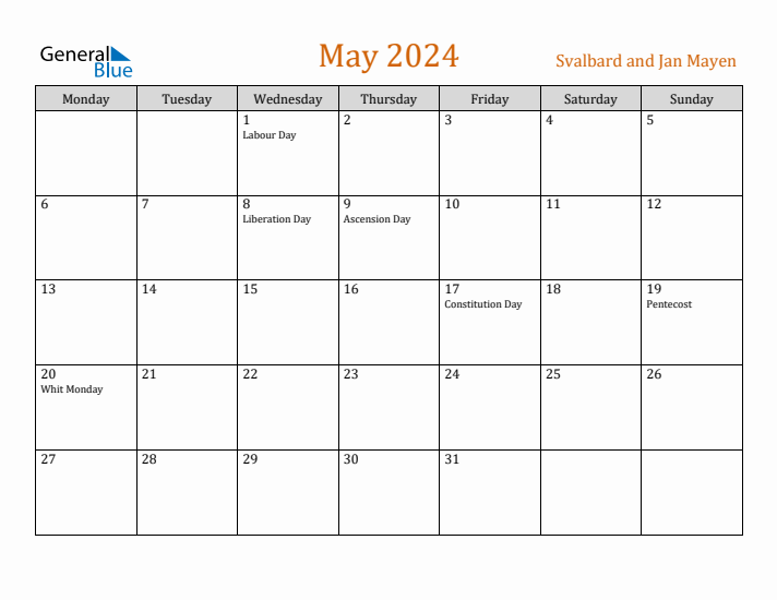 May 2024 Holiday Calendar with Monday Start