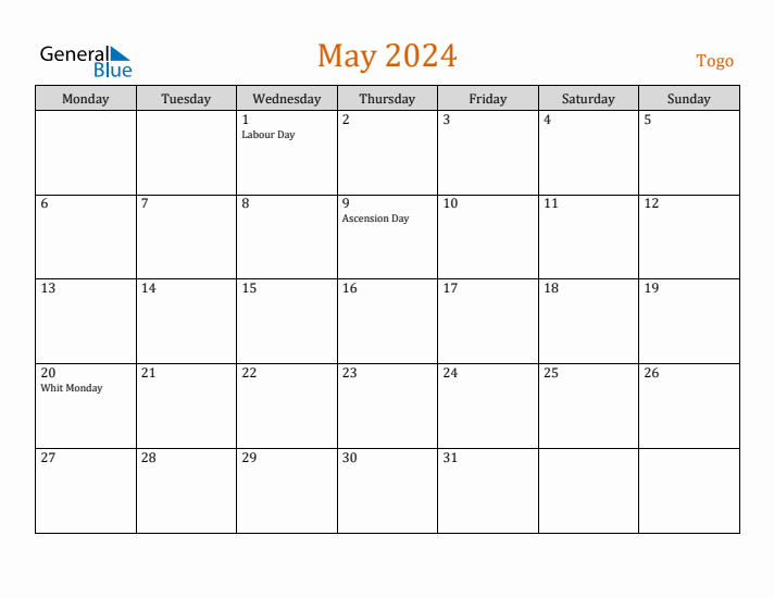 May 2024 Holiday Calendar with Monday Start