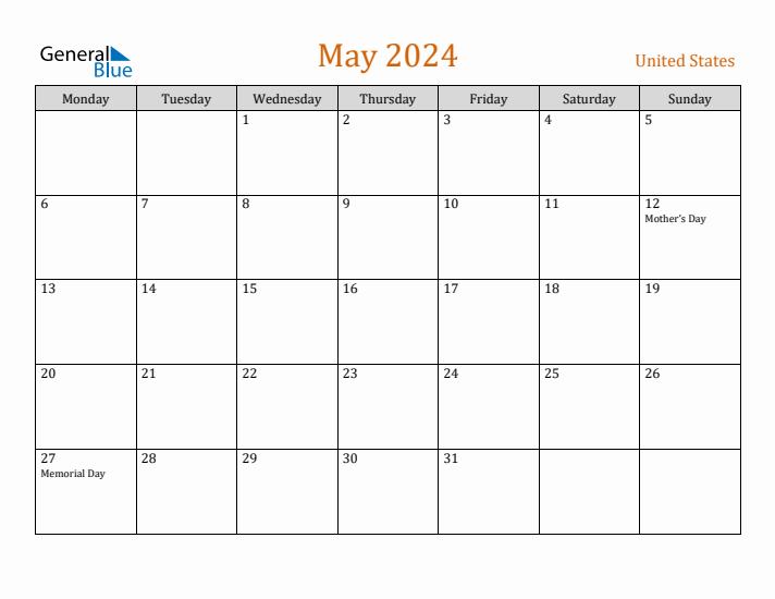 May 2024 Holiday Calendar with Monday Start