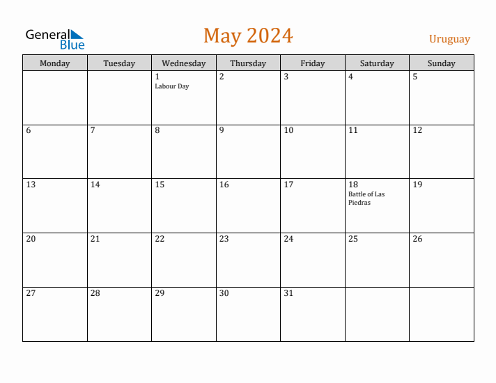 May 2024 Holiday Calendar with Monday Start