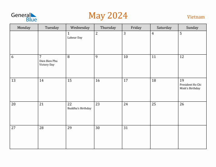 May 2024 Holiday Calendar with Monday Start