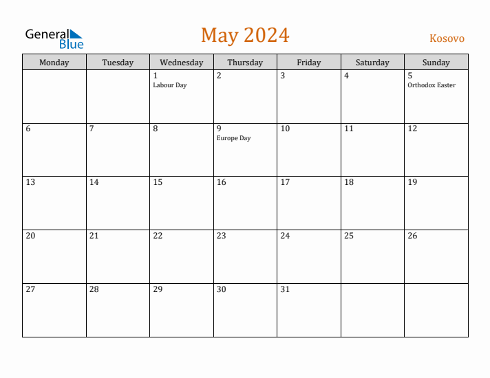 May 2024 Holiday Calendar with Monday Start