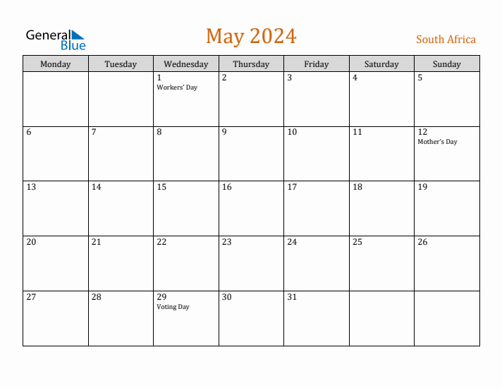 May 2024 Holiday Calendar with Monday Start