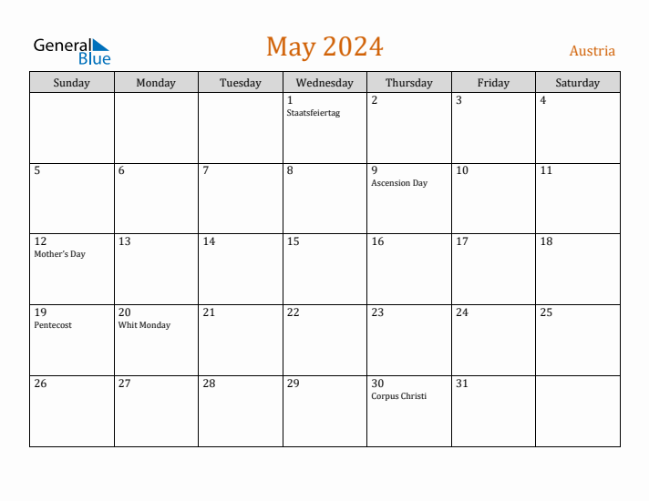 May 2024 Holiday Calendar with Sunday Start