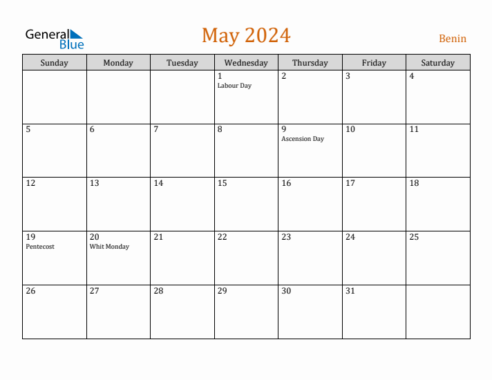 May 2024 Holiday Calendar with Sunday Start