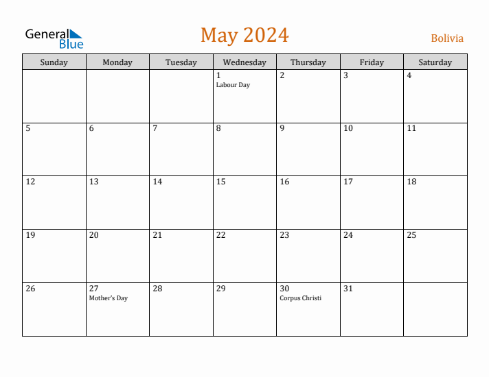 May 2024 Holiday Calendar with Sunday Start