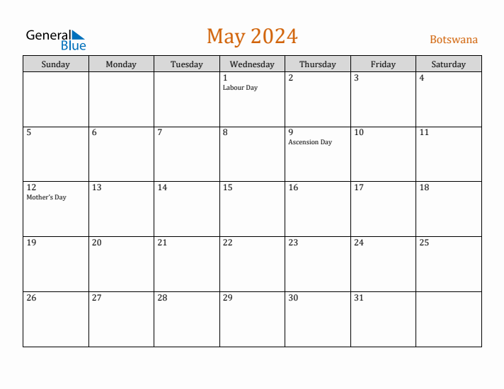 May 2024 Holiday Calendar with Sunday Start