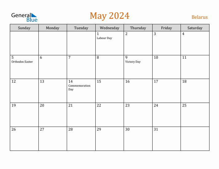 May 2024 Holiday Calendar with Sunday Start