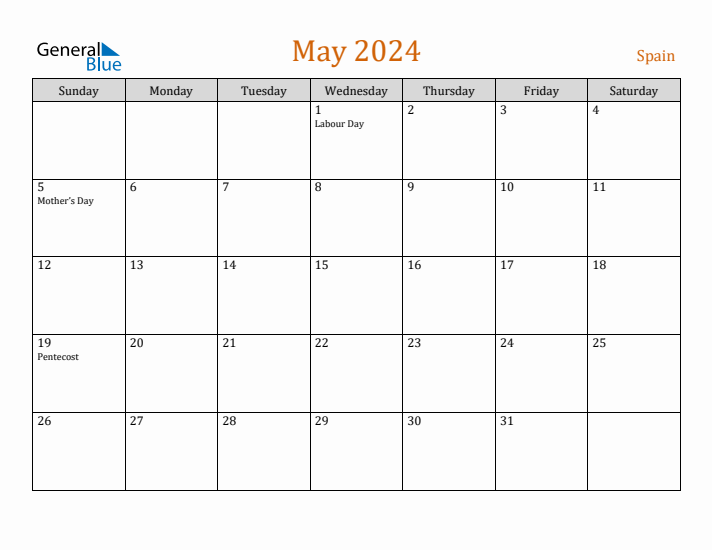 May 2024 Holiday Calendar with Sunday Start