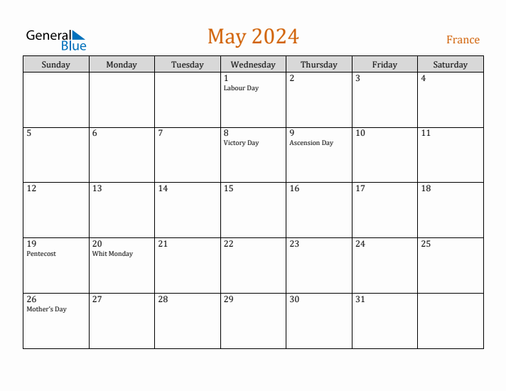 May 2024 Holiday Calendar with Sunday Start