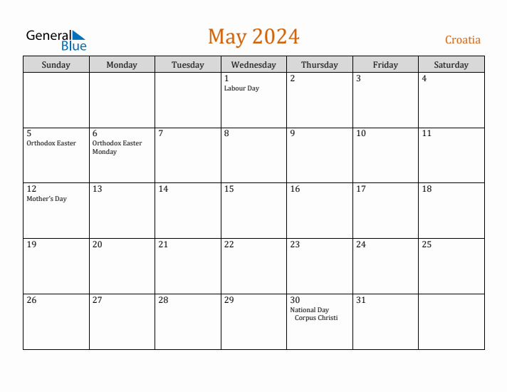 May 2024 Holiday Calendar with Sunday Start