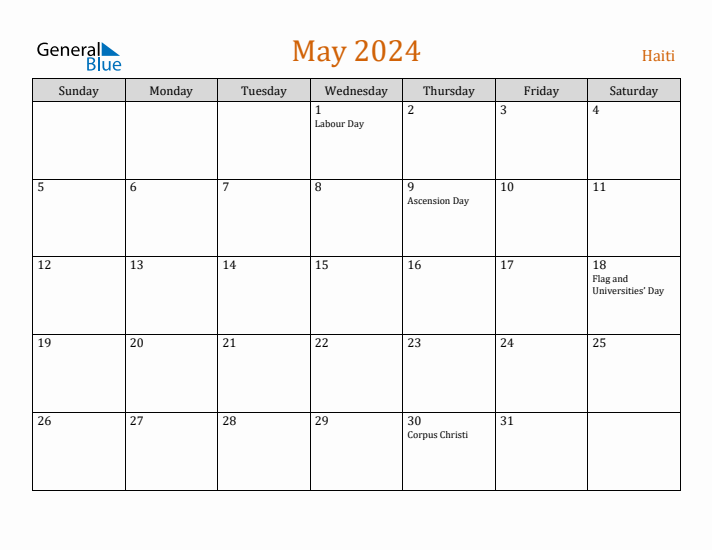 May 2024 Holiday Calendar with Sunday Start