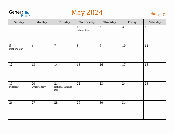 May 2024 Holiday Calendar with Sunday Start