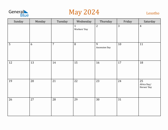 May 2024 Holiday Calendar with Sunday Start