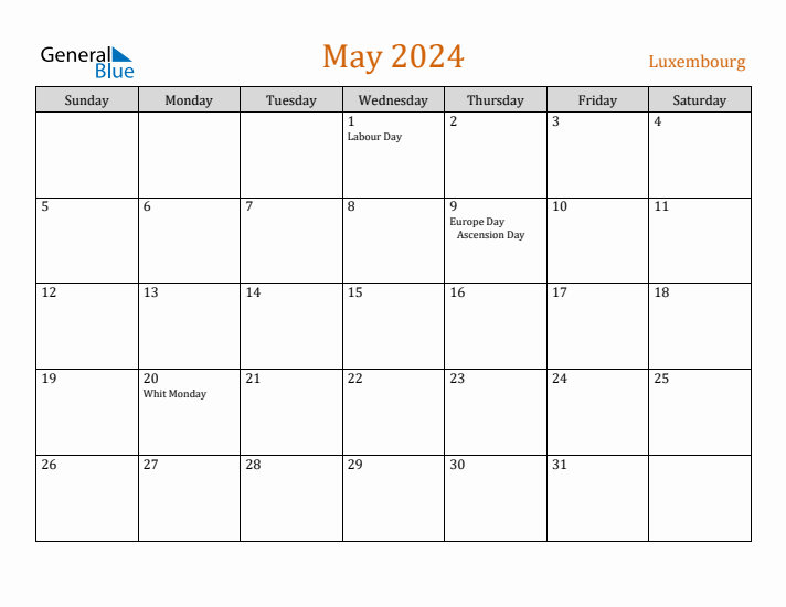 May 2024 Holiday Calendar with Sunday Start