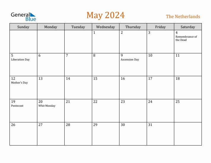 May 2024 Holiday Calendar with Sunday Start