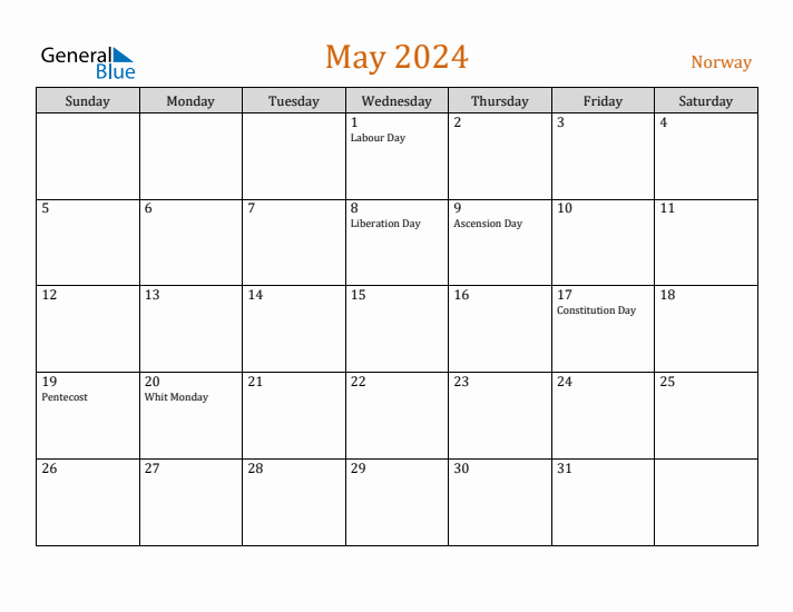 May 2024 Holiday Calendar with Sunday Start