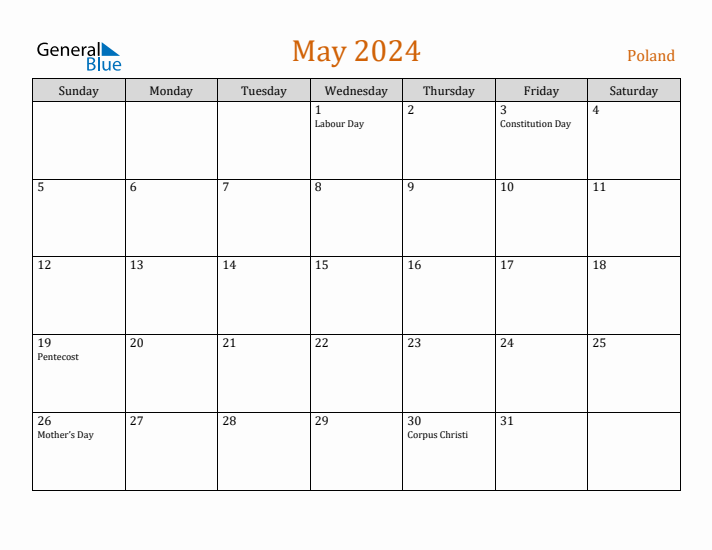 May 2024 Holiday Calendar with Sunday Start