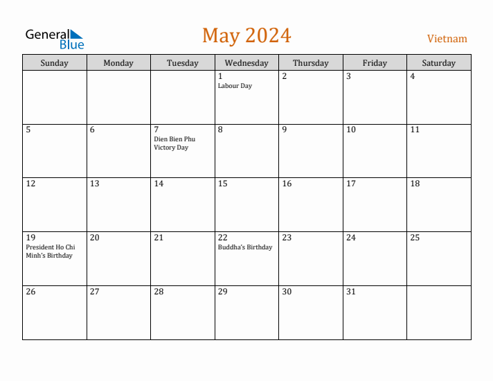 May 2024 Holiday Calendar with Sunday Start