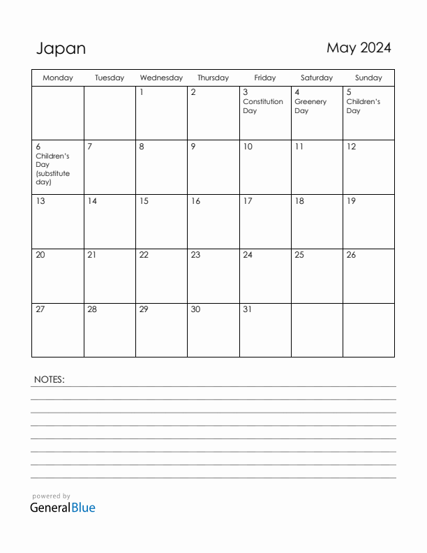 May 2024 Japan Calendar with Holidays (Monday Start)