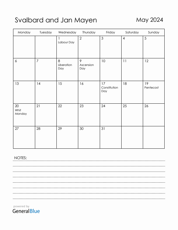 May 2024 Svalbard and Jan Mayen Calendar with Holidays (Monday Start)