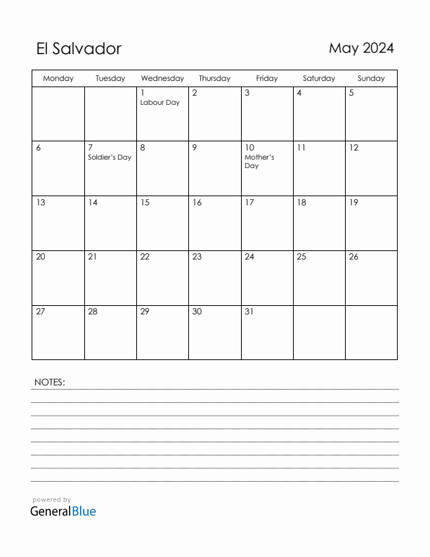 May 2024 El Salvador Calendar with Holidays (Monday Start)