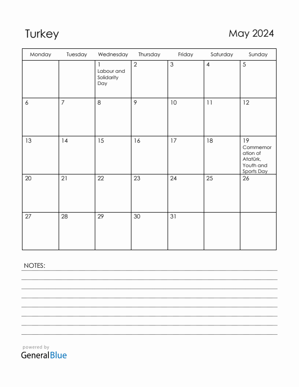 May 2024 Turkey Calendar with Holidays (Monday Start)