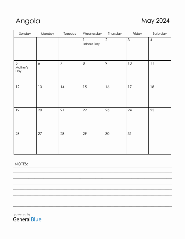 May 2024 Angola Calendar with Holidays (Sunday Start)