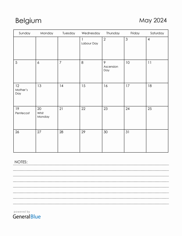 May 2024 Belgium Calendar with Holidays (Sunday Start)
