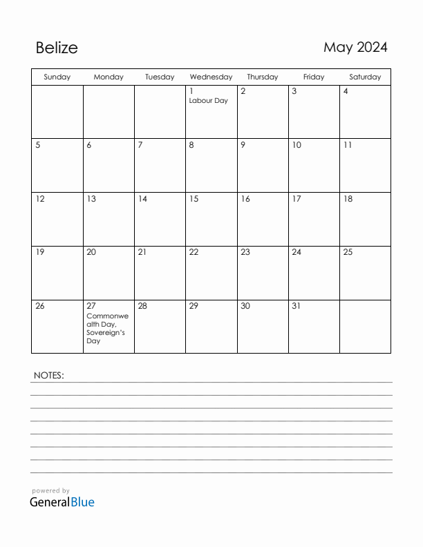 May 2024 Belize Calendar with Holidays (Sunday Start)