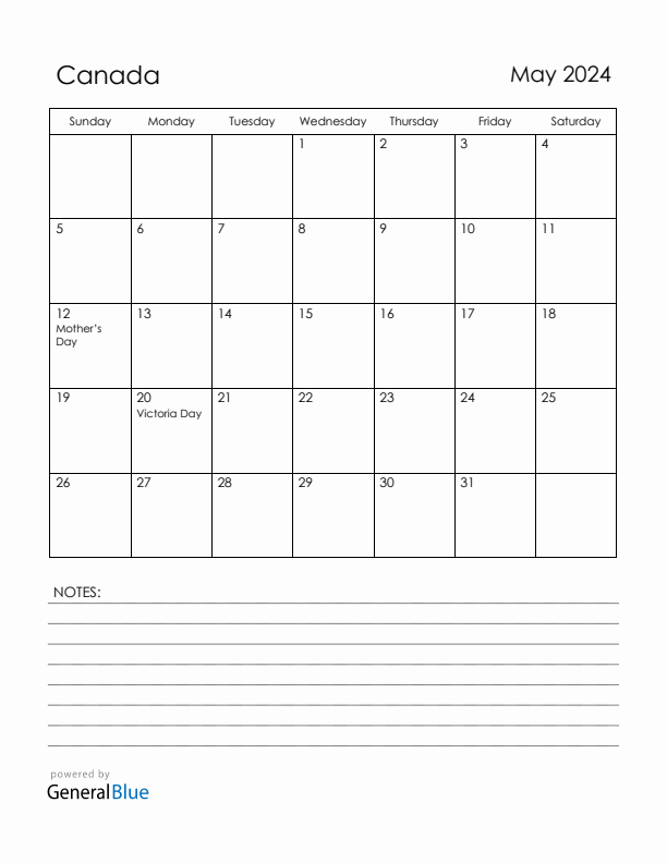 May 2024 Canada Calendar with Holidays (Sunday Start)