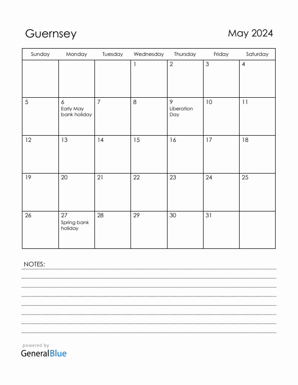 May 2024 Guernsey Calendar with Holidays (Sunday Start)