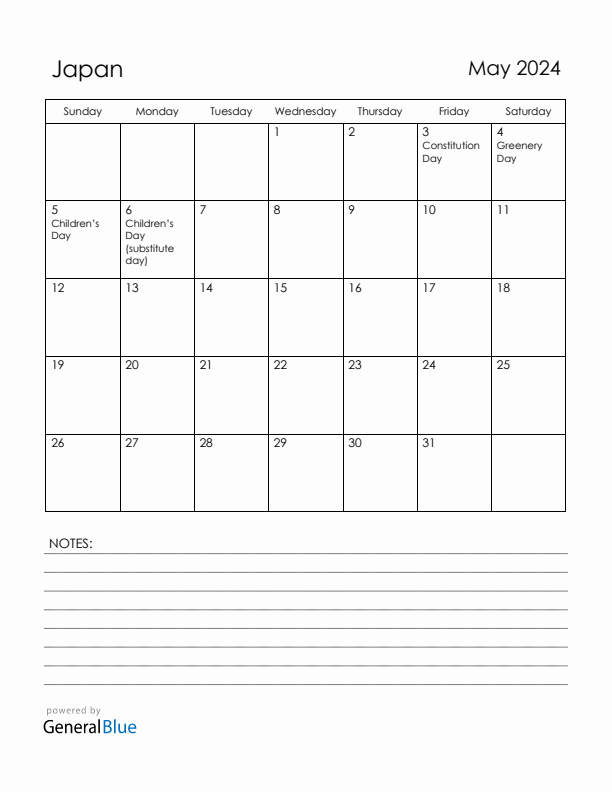 May 2024 Japan Calendar with Holidays (Sunday Start)
