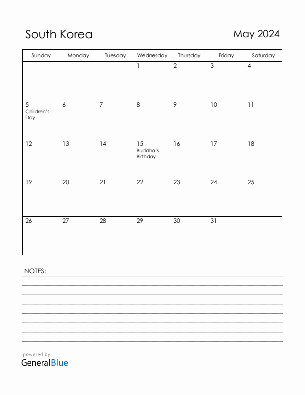 May 2024 South Korea Calendar with Holidays (Sunday Start)