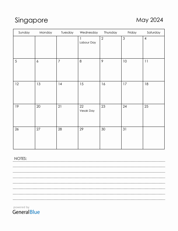 May 2024 Singapore Calendar with Holidays (Sunday Start)