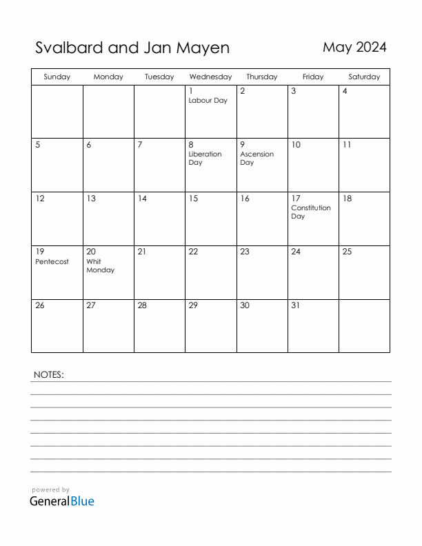 May 2024 Svalbard and Jan Mayen Calendar with Holidays (Sunday Start)