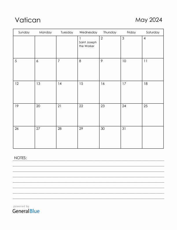 May 2024 Vatican Calendar with Holidays (Sunday Start)