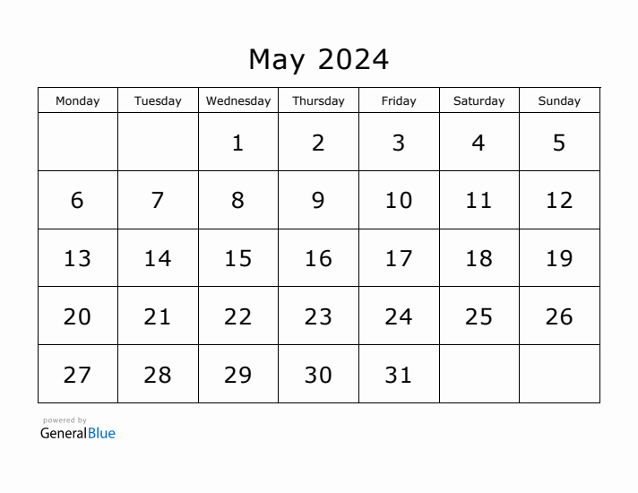 Printable May 2024 Calendar - Monday Start